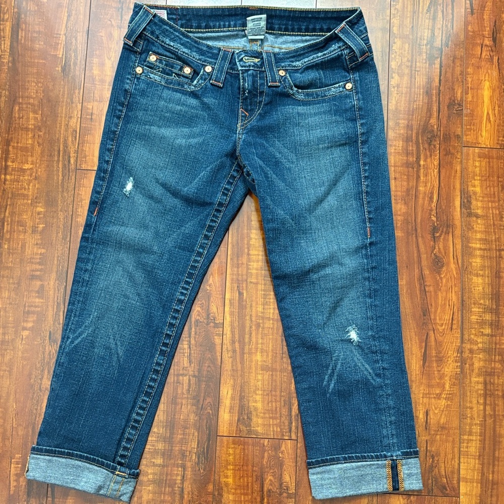 True Religion Women's Dark Blue Boyfriend Crop Jeans
